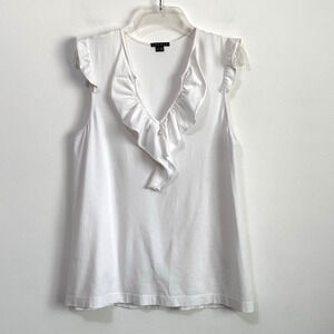 Theory Top Shirt L White Ruffle V Neck Sleeveless Stretch‎ Summer Trendy Tee